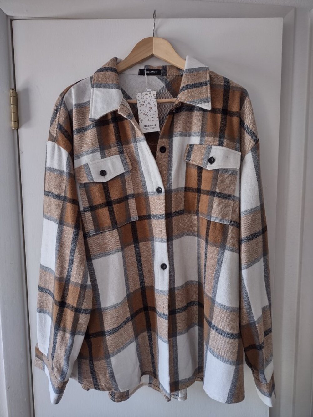 Automet Women’s Plaid Shirt Jacket Size 2XL Brown White Button Front Oversized